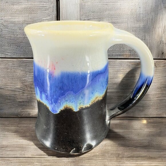 Vintage 1999 Hand Made Pottery Coffee Mug Cup Drip Glaze Large Handle Cup Signed - Picture 1 of 12